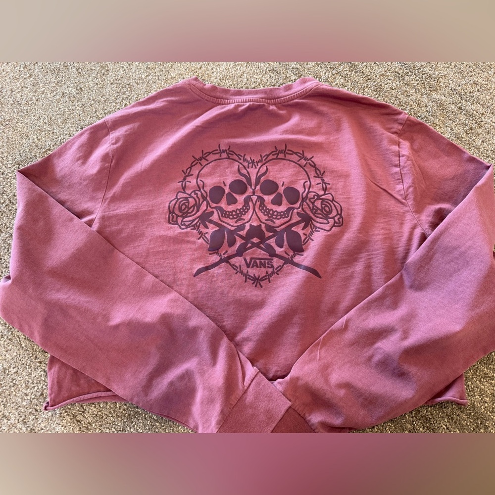 Vans purple skull long sleeve crop tee, size medium